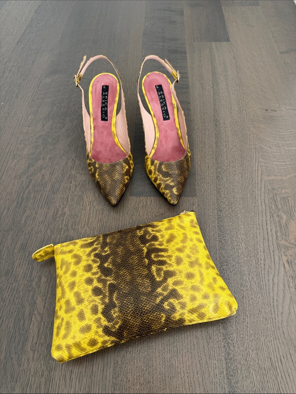 Erika d’Alessio Leopard-Print Slingback Pumps and a matching purse.
